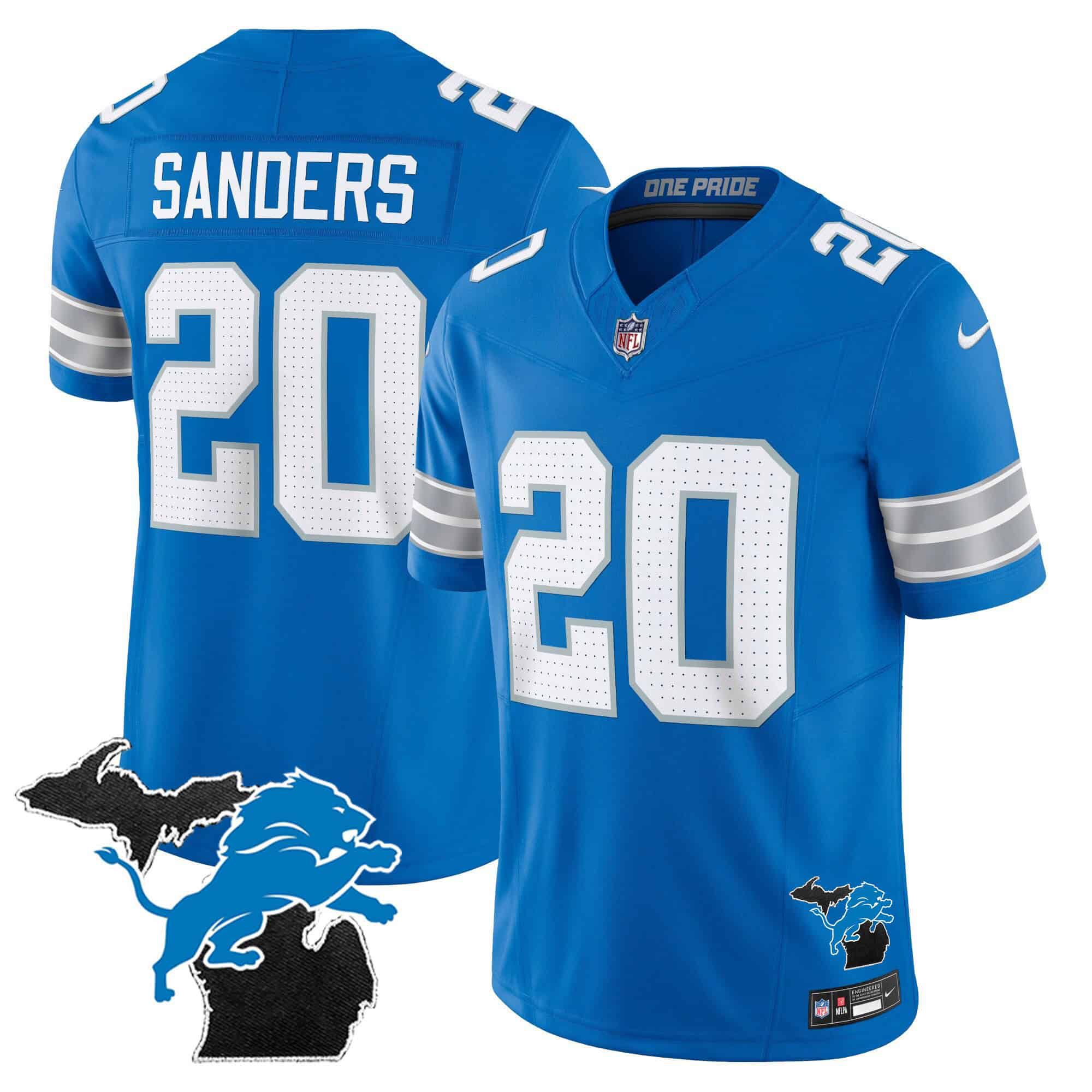 Men Detroit Lions 20 Sanders Blue 2024 Nike Michigan Patch Vapor Limited NFL Jersey